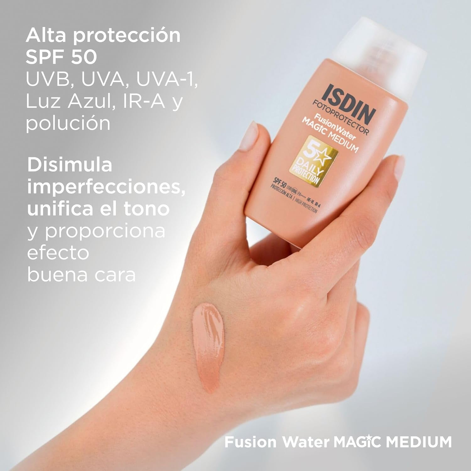 ISDIN Fusion Water Magic Color SPF 50 - Your Daily Essential Tinted Facial Sunscreen with Superior Protection in 3 Beautiful Shades, 50ml