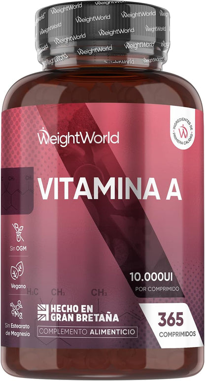 Potente Vitamina A 10,000 UI - 365 Comprimidos Veganos para una Visión Clara y un Sistema Inmunitario Fuerte