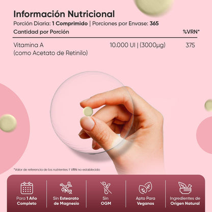 Potente Vitamina A 10,000 UI - 365 Comprimidos Veganos para una Visión Clara y un Sistema Inmunitario Fuerte