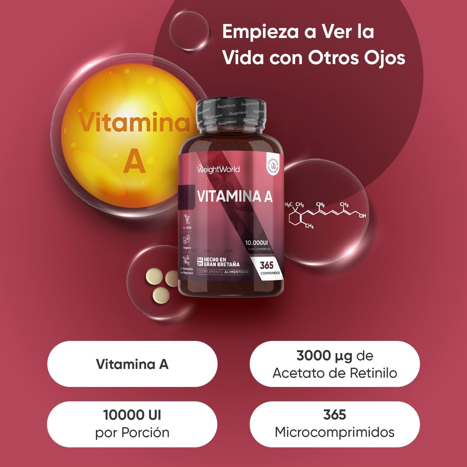Potente Vitamina A 10,000 UI - 365 Comprimidos Veganos para una Visión Clara y un Sistema Inmunitario Fuerte