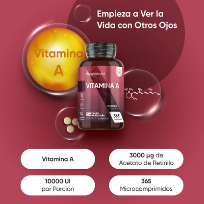 Potente Vitamina A 10,000 UI - 365 Comprimidos Veganos para una Visión Clara y un Sistema Inmunitario Fuerte