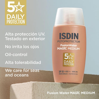 ISDIN Fusion Water Magic Color SPF 50 - Your Daily Essential Tinted Facial Sunscreen with Superior Protection in 3 Beautiful Shades, 50ml