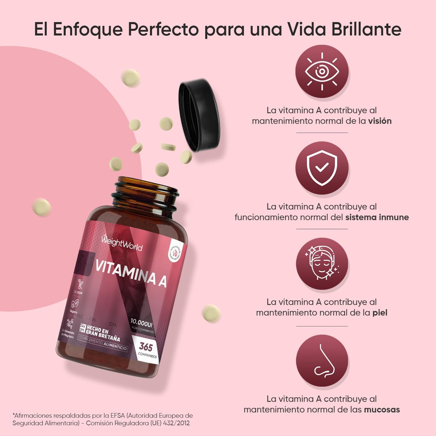 Potente Vitamina A 10,000 UI - 365 Comprimidos Veganos para una Visión Clara y un Sistema Inmunitario Fuerte