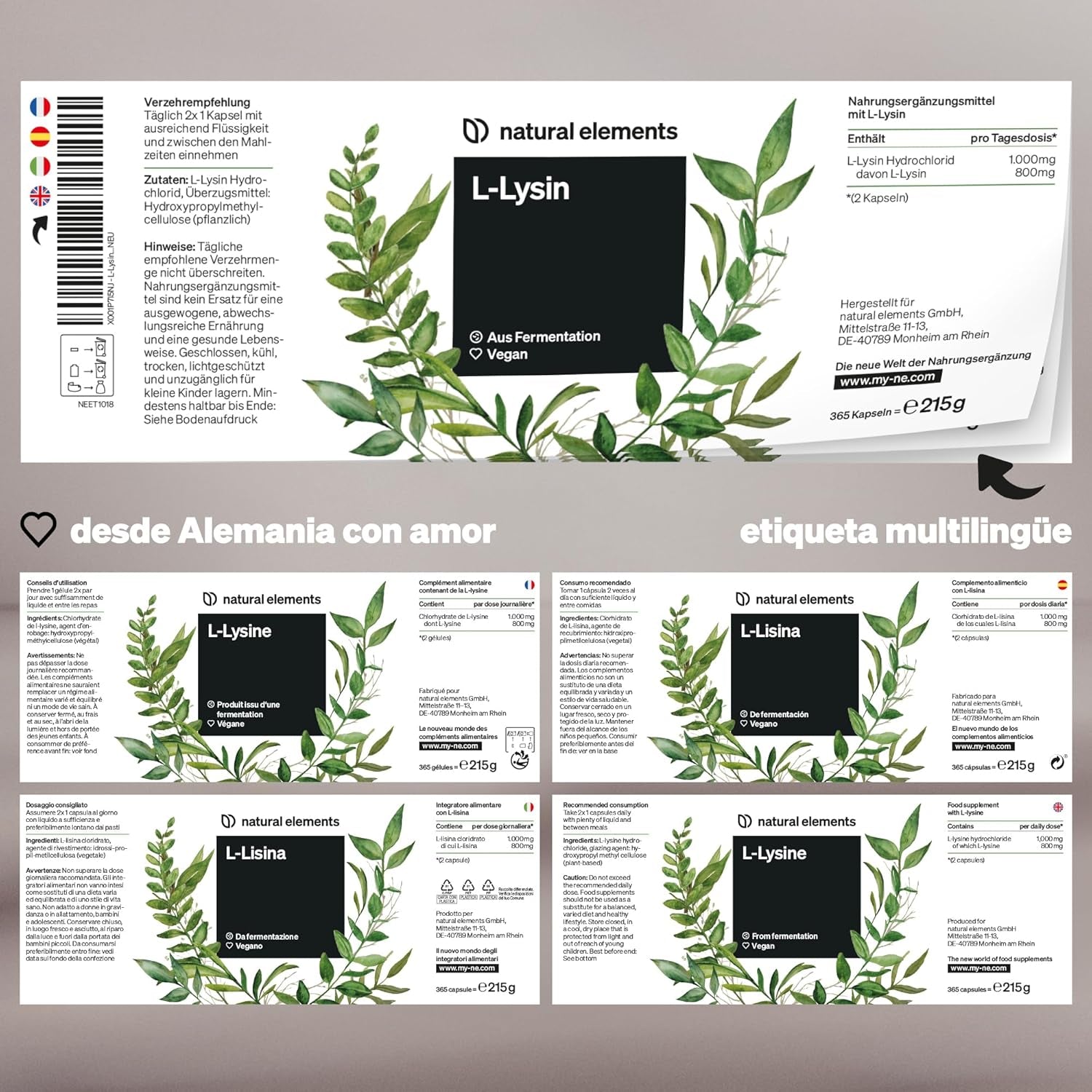 Premium L-Lysine Capsules - 1,000 mg Daily Dose - Vegan & Additive-Free - 365 Capsules Made in Germany